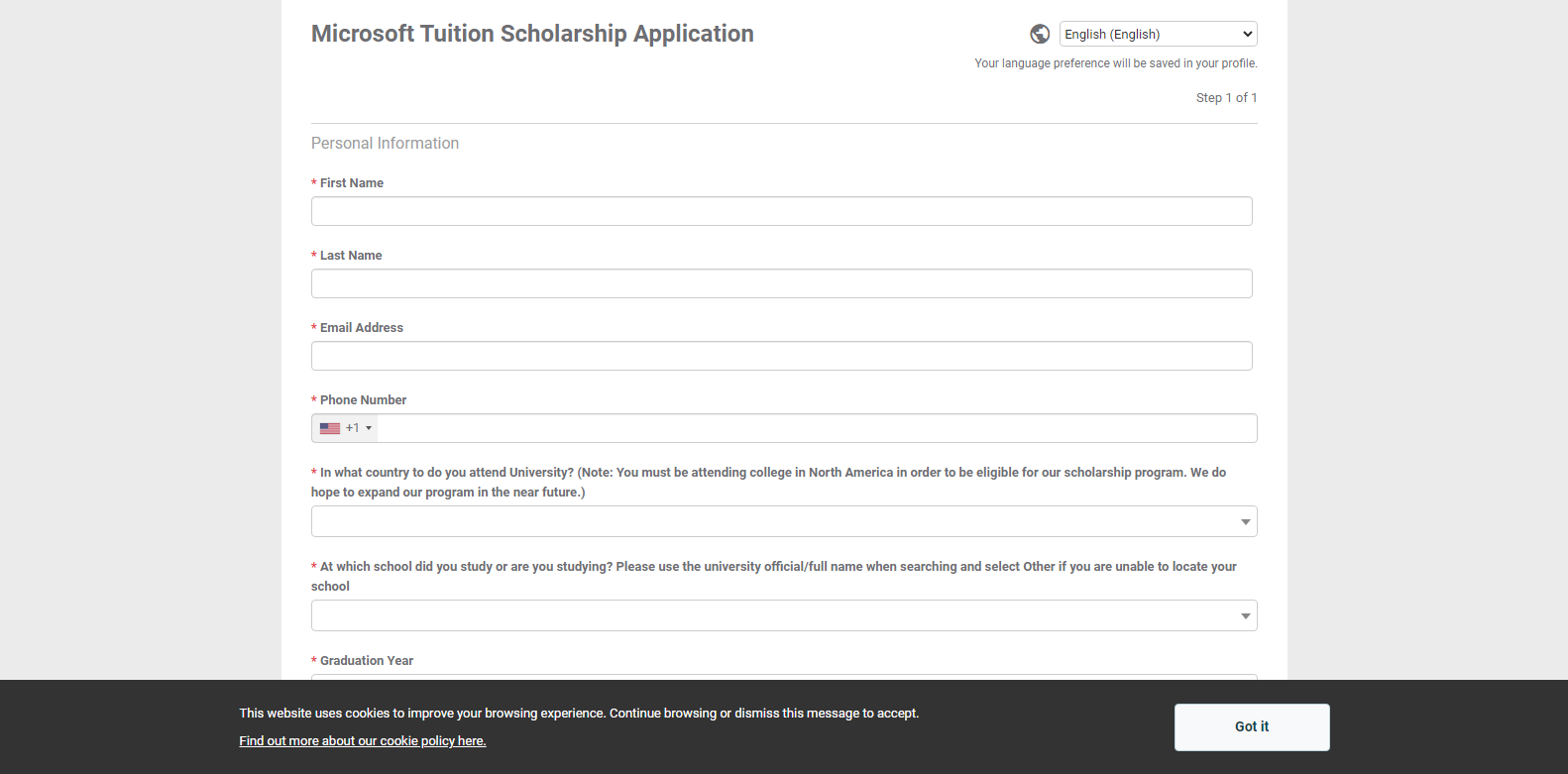 Microsoft Tuition Scholarship 2024 Application Page